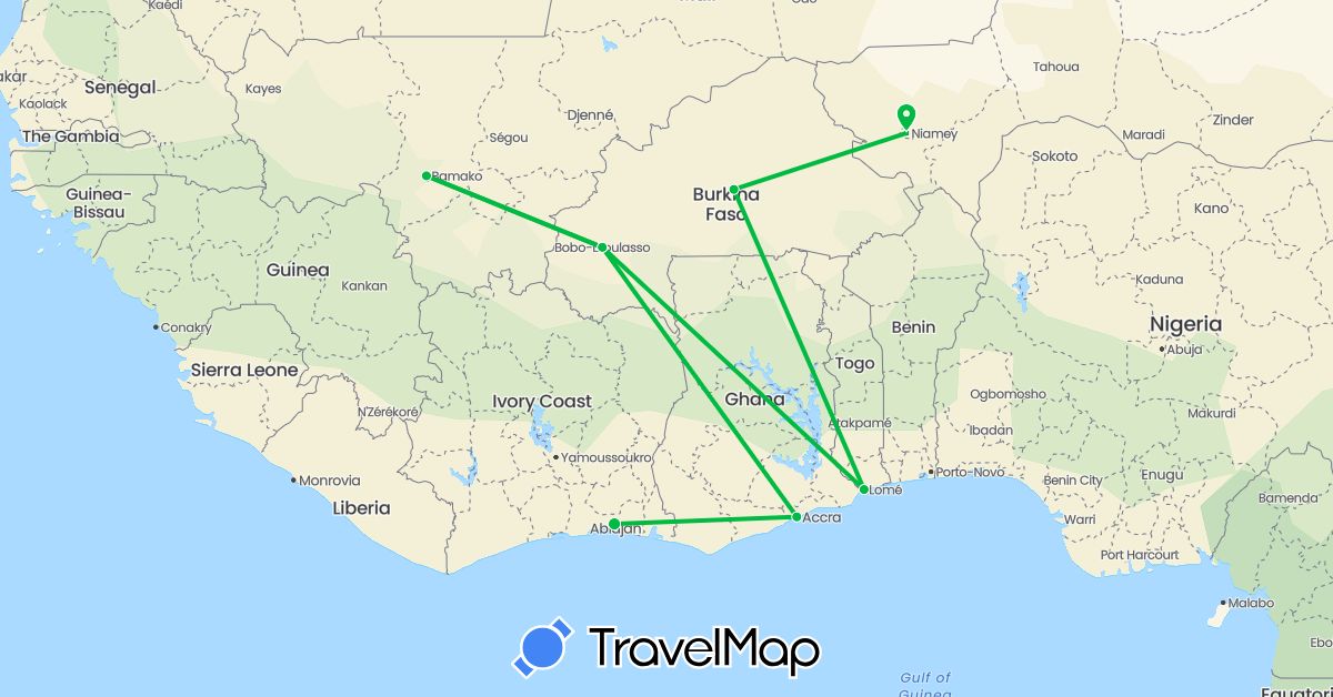 TravelMap itinerary: driving, bus in Burkina Faso, Côte d'Ivoire, Ghana, Mali, Niger, Togo (Africa)