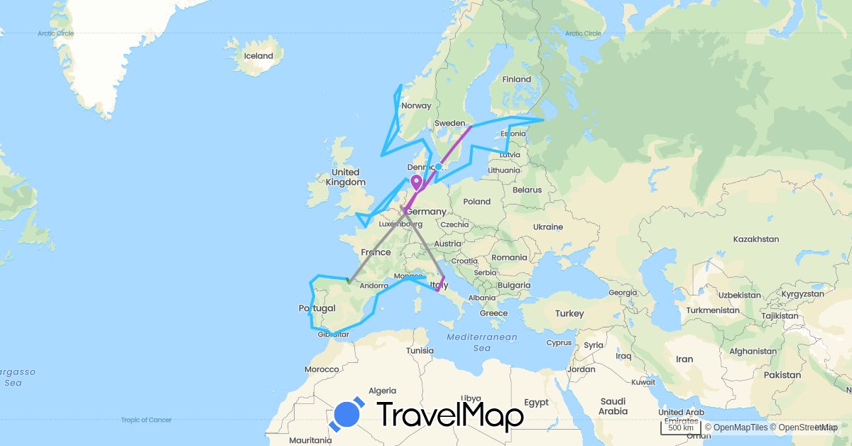 TravelMap itinerary: driving, bus, plane, train, boat in Belgium, Germany, Denmark, Estonia, Spain, Finland, France, United Kingdom, Italy, Latvia, Norway, Portugal, Russia, Sweden (Europe)
